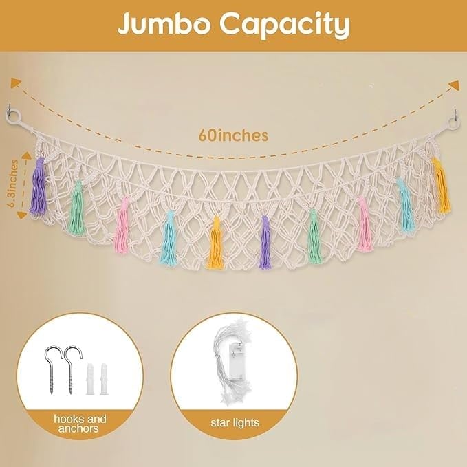 Macrame Stuffed Animal Hammock Jumbo, Large Toy Corner Hanging Net With Star Lights for Boho Kids Room Nursery Playroom - Cotton, White, 150 x 120 x 2.5 Cm - Image 4