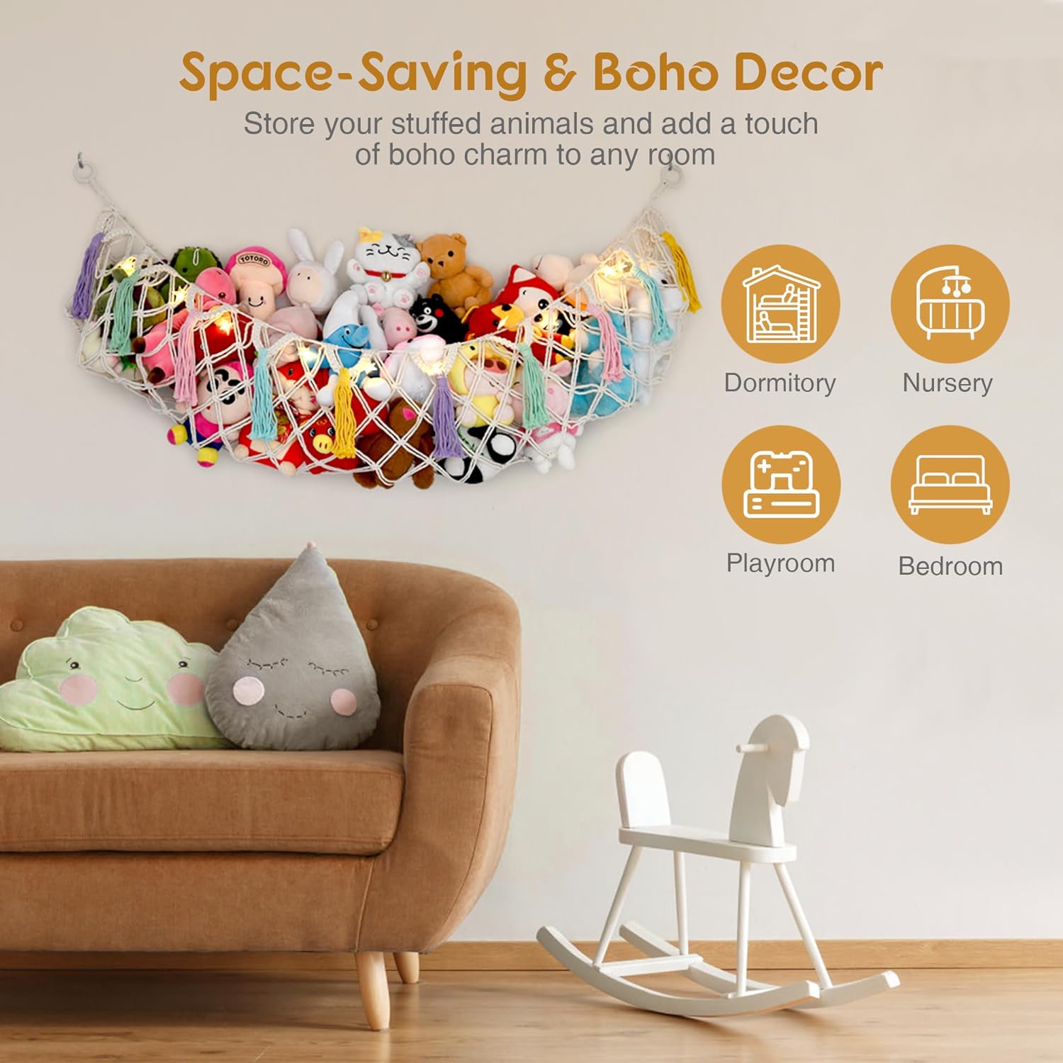 Macrame Stuffed Animal Hammock Jumbo, Large Toy Corner Hanging Net With Star Lights for Boho Kids Room Nursery Playroom - Cotton, White, 150 x 120 x 2.5 Cm - Image 5
