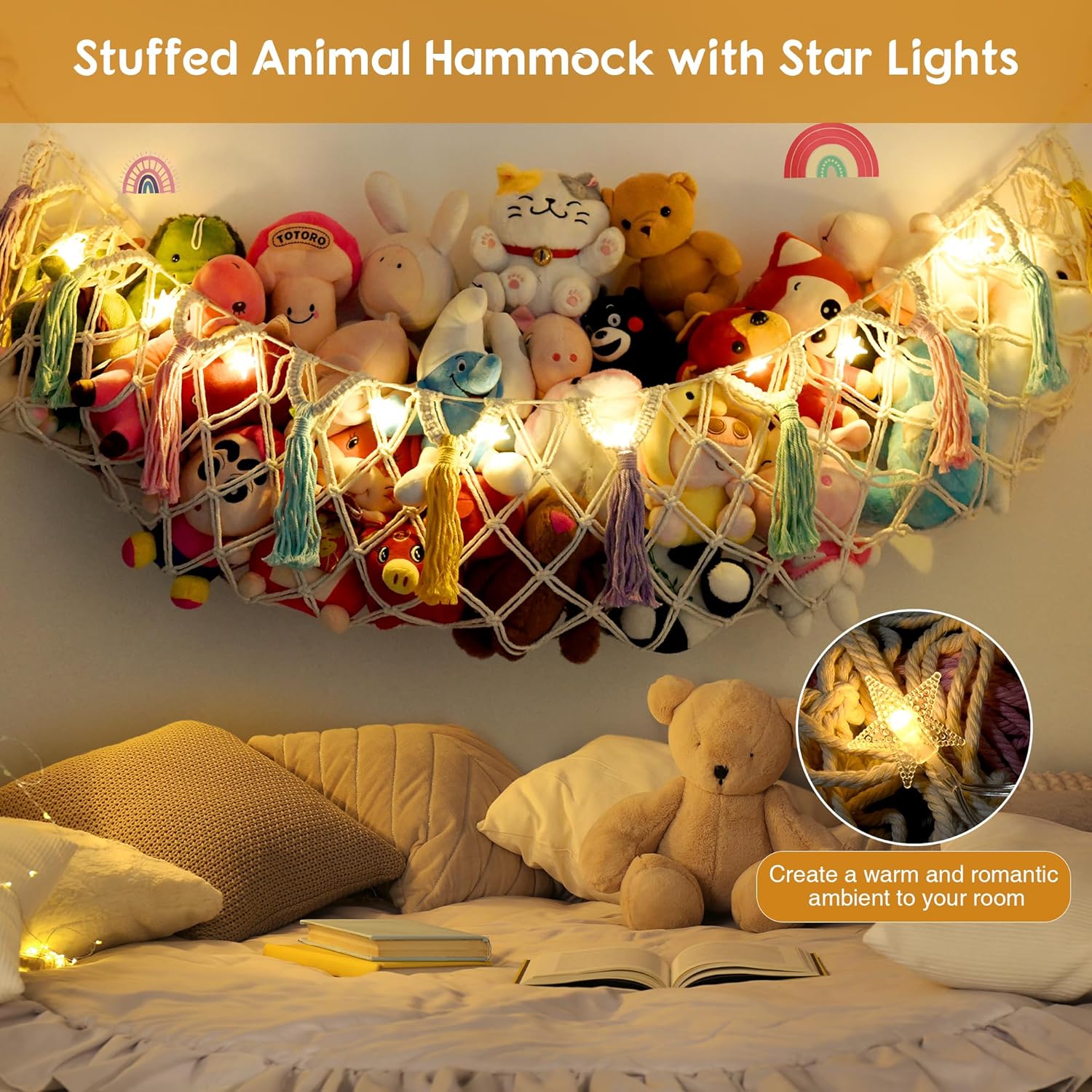 Macrame Stuffed Animal Hammock Jumbo, Large Toy Corner Hanging Net With Star Lights for Boho Kids Room Nursery Playroom - Cotton, White, 150 x 120 x 2.5 Cm - Image 2