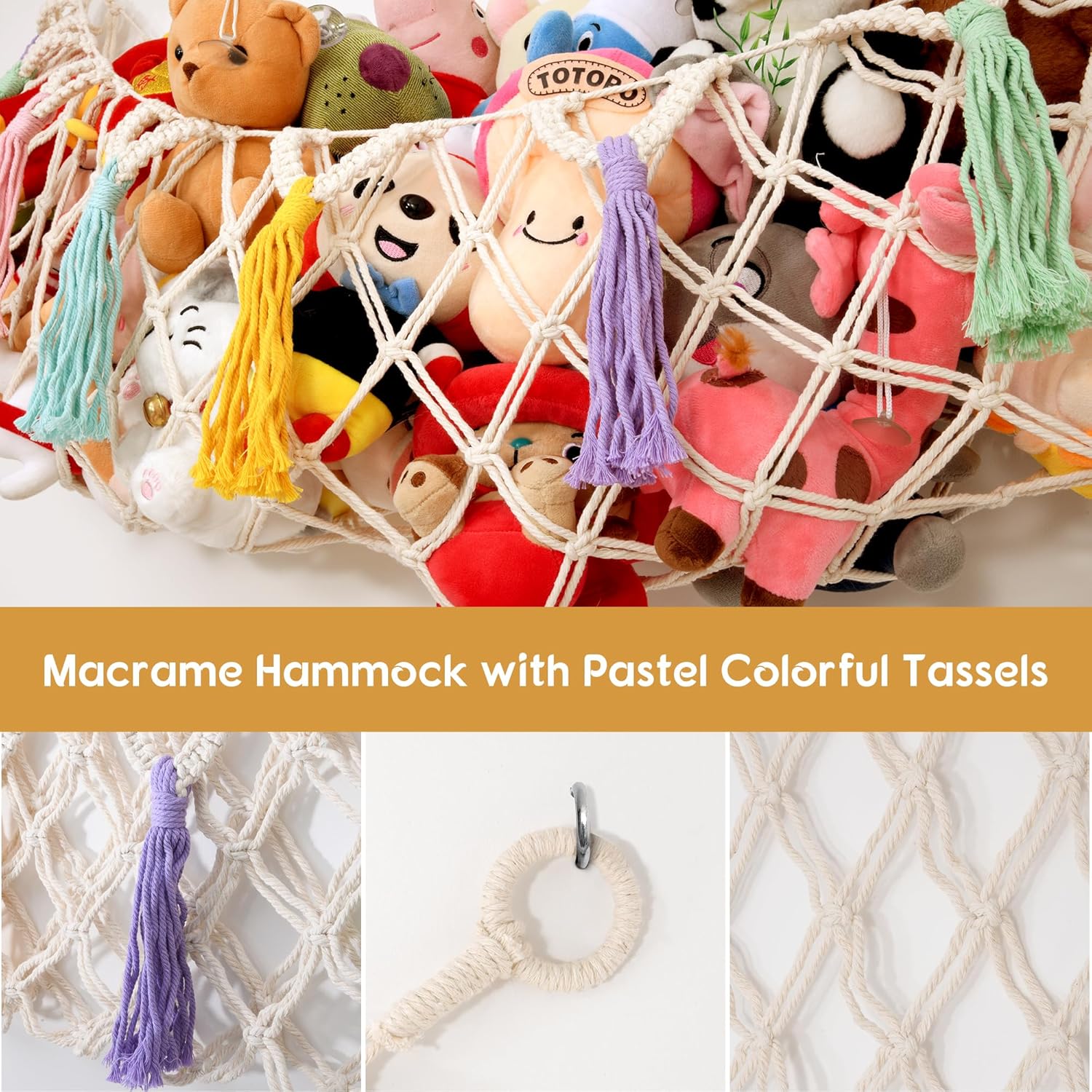 Macrame Stuffed Animal Hammock Jumbo, Large Toy Corner Hanging Net With Star Lights for Boho Kids Room Nursery Playroom - Cotton, White, 150 x 120 x 2.5 Cm - Image 3