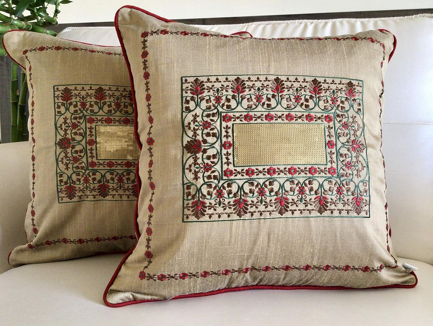 TARA- Sparkling Homes Zari Embroidered Velvet Cushion Covers, 'Padmini' from 'The Royal Collection', Set of 1 (Wine Red, 16 x 16 Inches)