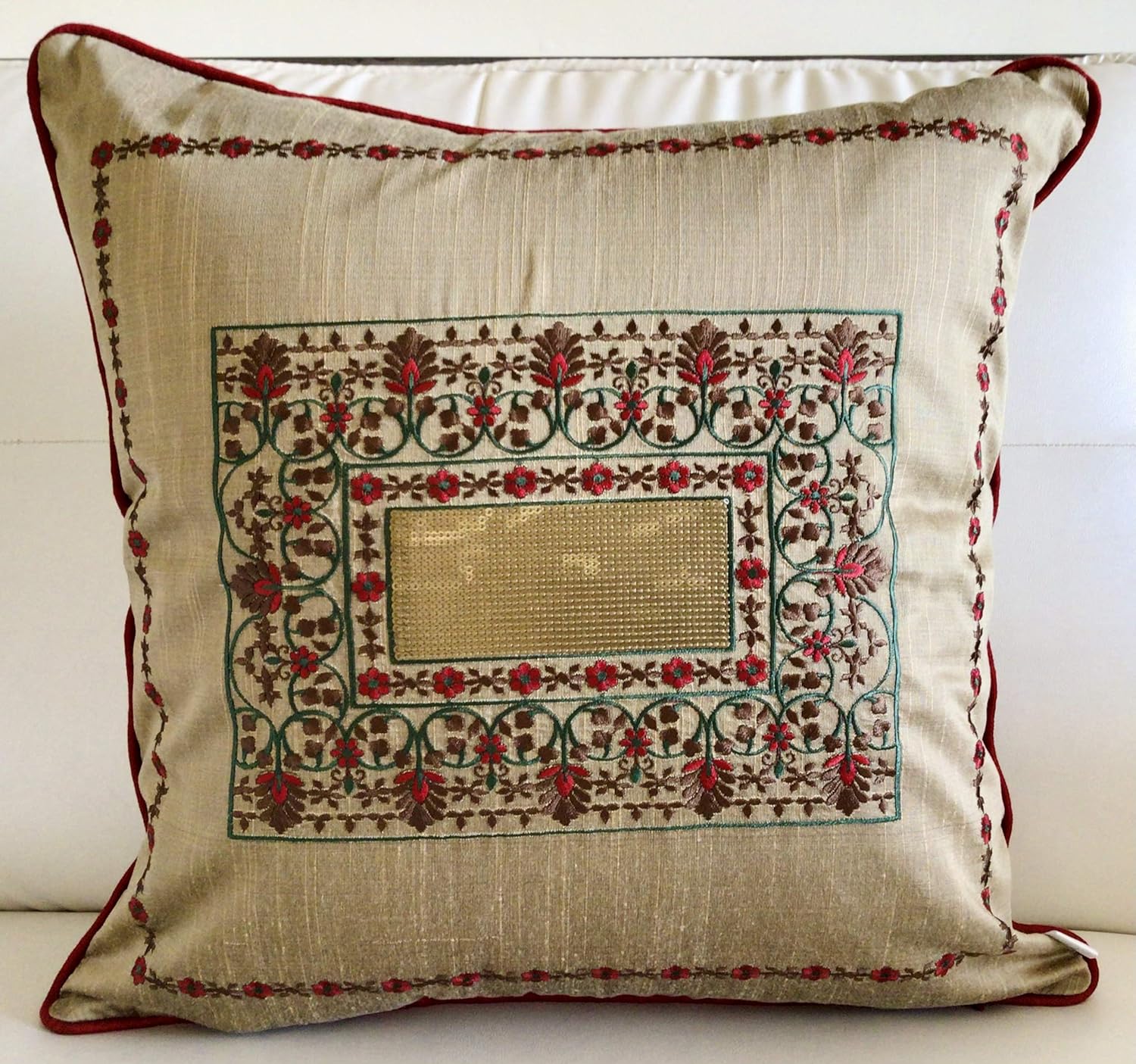 TARA- Sparkling Homes Zari Embroidered Velvet Cushion Covers, 'Padmini' from 'The Royal Collection', Set of 1 (Wine Red, 16 x 16 Inches) - Image 2
