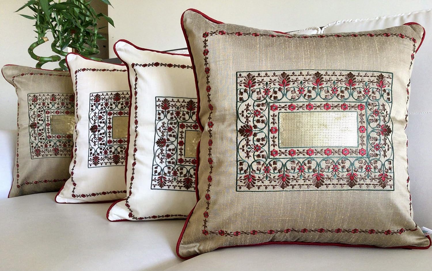 TARA- Sparkling Homes Zari Embroidered Velvet Cushion Covers, 'Padmini' from 'The Royal Collection', Set of 1 (Wine Red, 16 x 16 Inches) - Image 4